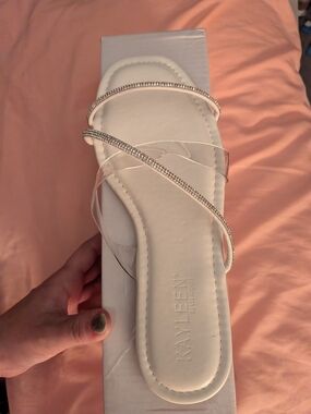 White Slide Sandal with Clear Straps and Rhinestone Bands- Kayleen